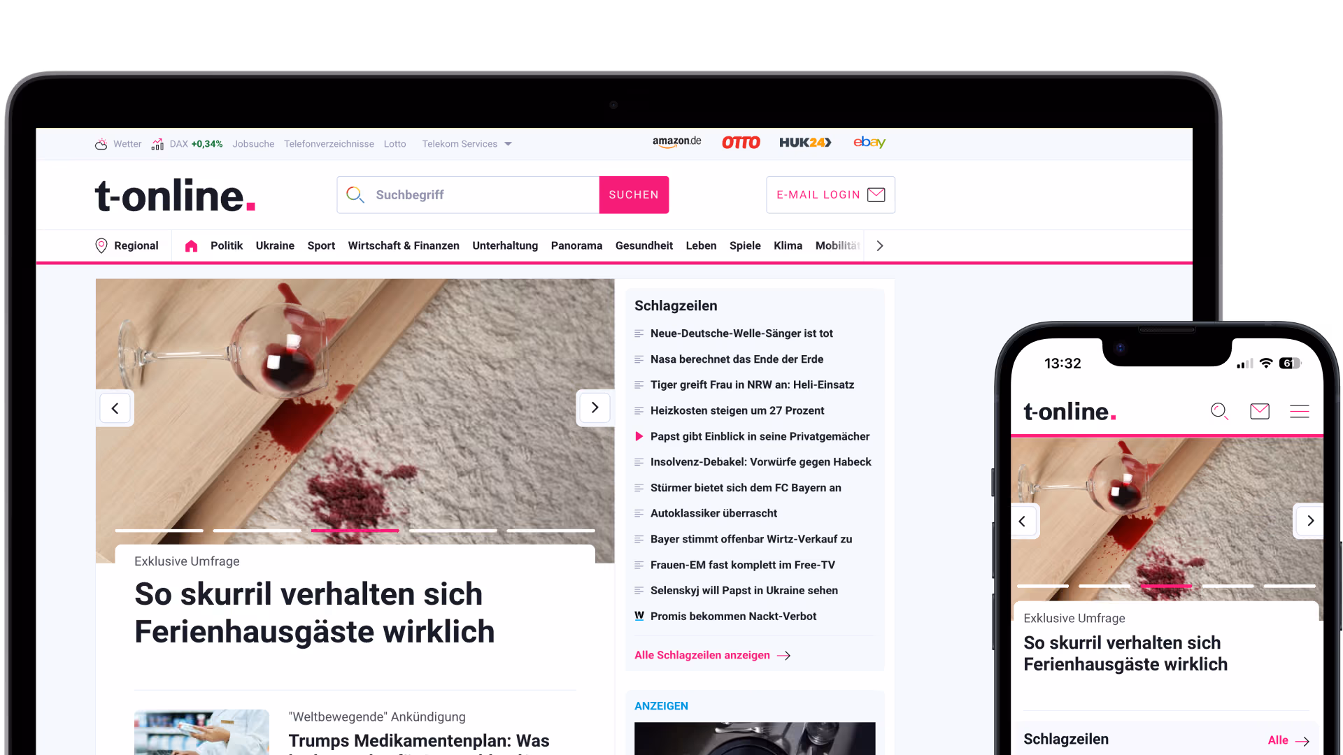 t-online auf dem Smartphone und Desktop